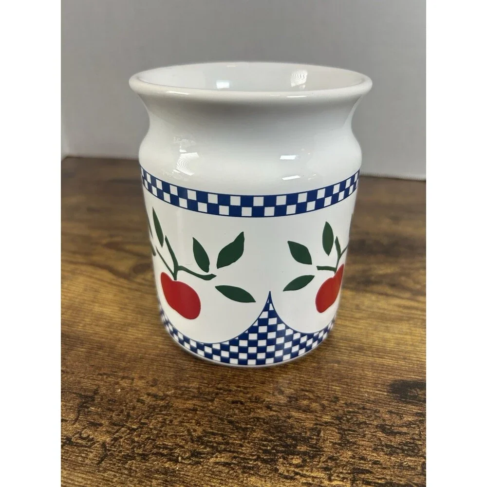 Rosenthal Netter Apple Crock Utensil Holder Portugal 1987 Blue Check Cottage Jar